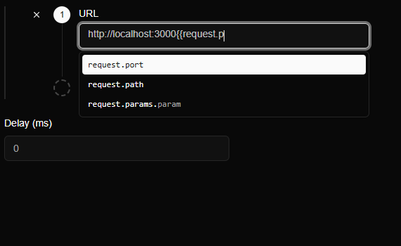 The same field after typing request.p, with the list narrowed to request.port, request.path and request.params.param.