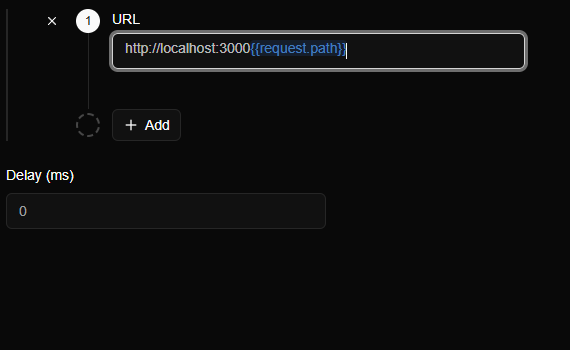 The URL field now reading http://localhost:3000{{request.path}} with the variable highlighted in blue.