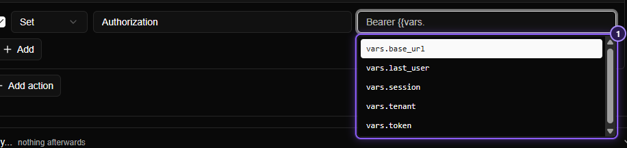 A header value field with Bearer {{vars. typed in it, and a suggestion list under it offering vars.base_url, vars.tenant and vars.token.