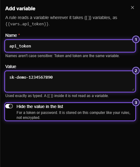 The Add variable panel with the name api_token, a value, and the Hide the value in the list switch turned on.