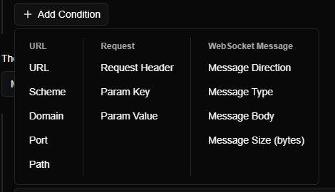 The condition menu of a WebSocket rule in three columns. URL: URL, Scheme, Domain, Port, Path. Request: Request Header, Param Key, Param Value. WebSocket Message: Message Direction, Message Type, Message Body, Message Size.