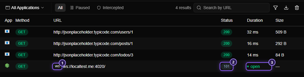 The Flows list with one WebSocket row, marked with a WS badge, the address ws demo, a green open label in the Duration column and status 101.