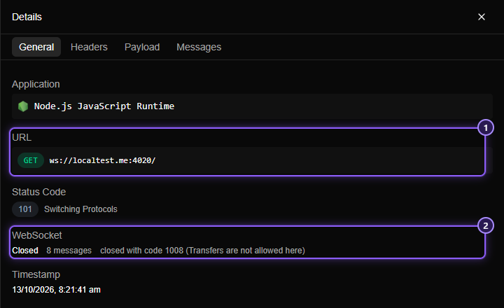 The General tab of a WebSocket flow: the address ws://localtest.me:4020/ marked 1, and a WebSocket section reading Closed, 8 messages, closed with code 1008 (Transfers are not allowed here) marked 2.