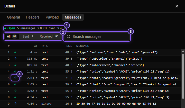 The Messages tab of an open WebSocket: a status line reading Open with 53 messages, the All, Sent and Received switch, a search box, and rows of messages with arrows, times, types, sizes and JSON text.