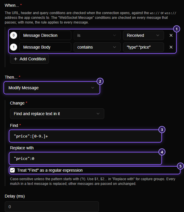 The Create Rule form for a WebSocket rule: two conditions, Message Direction is Received and Message Body contains "type":"price", then Modify Message set to find and replace, with a regular expression.