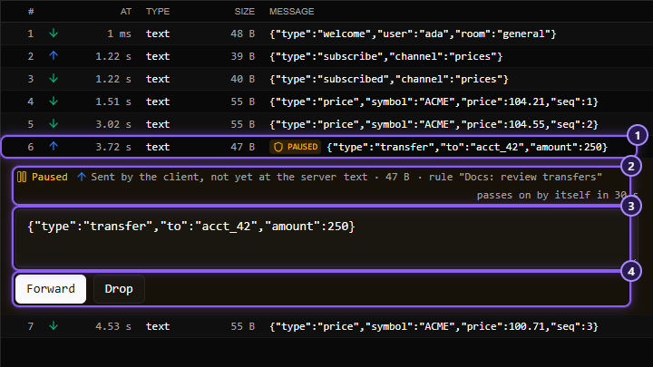 The Messages tab with a message marked paused. Under its row sits an editor with the message's text and the Forward and Drop buttons, then the messages that arrived after it continue below.