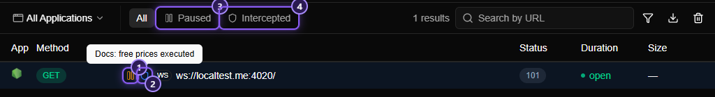 The Flows list with one WebSocket row. A pause icon in front of its address is marked 1 and a rule icon next to it is marked 2, with a tooltip reading Docs: free prices executed. The Paused and Intercepted tabs are marked 3 and 4.