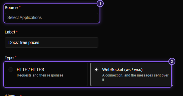 The top of the Create Rule form: the Source box marked 1, and the Type choice, HTTP / HTTPS or WebSocket (ws / wss), marked 2.