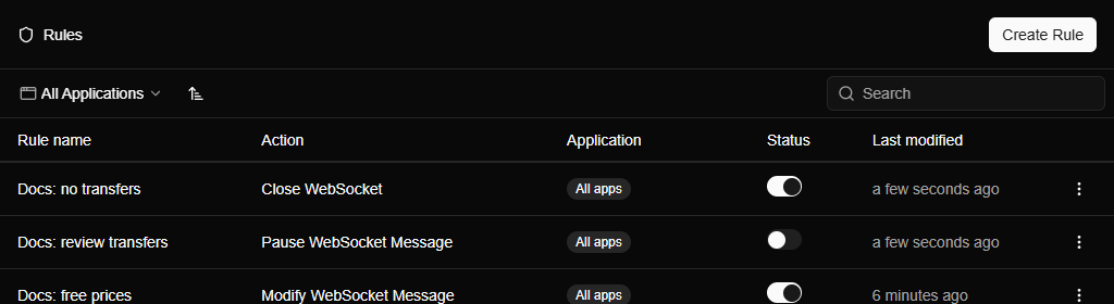 The Rules list with three rules: Docs: no transfers, Close WebSocket; Docs: review transfers, Pause WebSocket Message, switched off; Docs: free prices, Modify WebSocket Message.