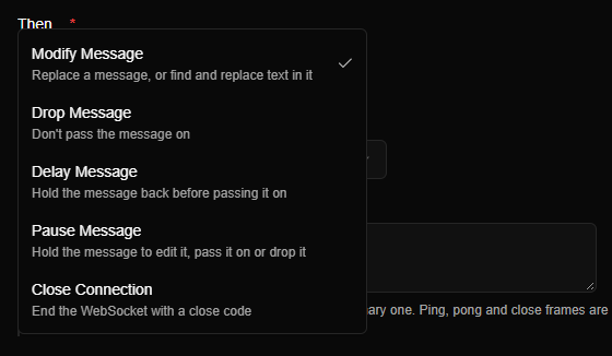 The Then list of a WebSocket rule: Modify Message, Drop Message, Delay Message, Pause Message and Close Connection, each with a one-line description.